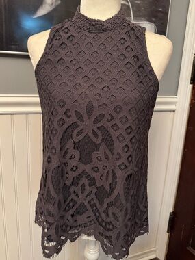 Rewind Dark Gray Lace Front Tank Vintage Inspired High Neck Keyhole Back Sz M
